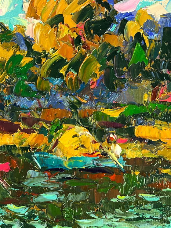 Image 1 of Peinture à l'huile originale représentant un paysage naturel en forêt d'été, sur des bateaux le long de la rivière