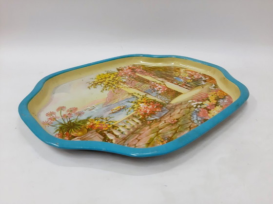 Image 1 of Vassoio in latta vintage, design del paesaggio marino