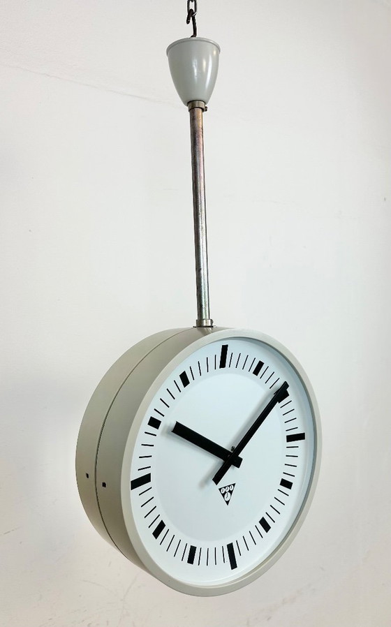 Image 1 of Grey Industrial Bakelite Double Sided Factory Clock from Pragotron, 1980s