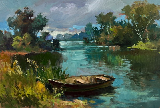 Image 1 of Original Oil Painting Summer Nature Landscape The rain is approaching the river