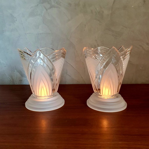 Candele da tè Art Déco in vetro satinato vintage, 2 pezzi