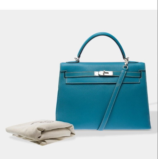 Sac HERMES Kelly 32 en Cuir Bleu - 103442