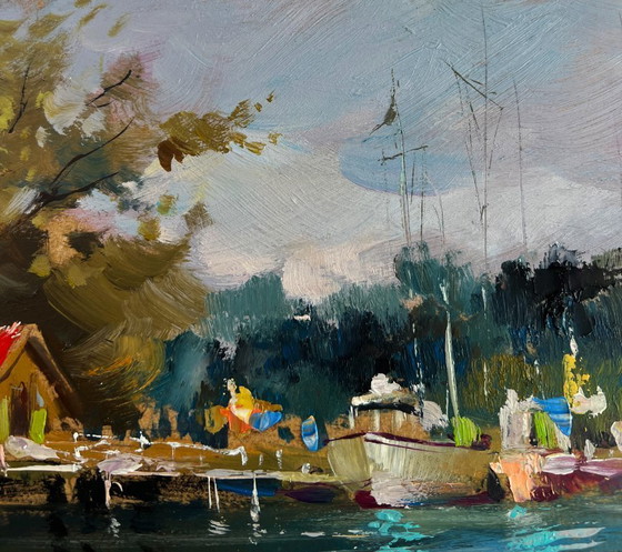 Image 1 of Original Oil Painting Summer River Landscape Small yacht club