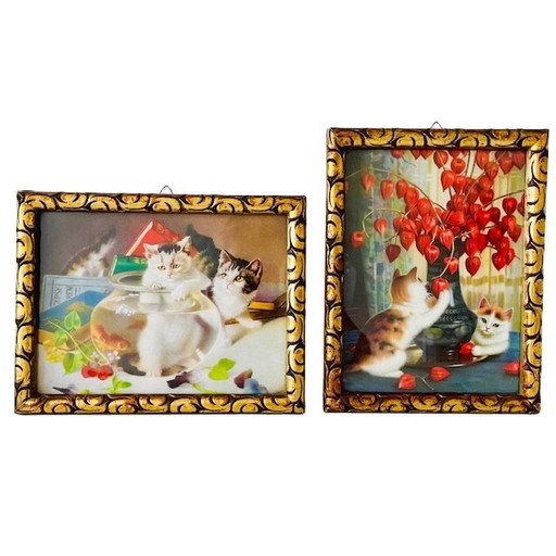 Antique chromolithographs playing kittens paintings
