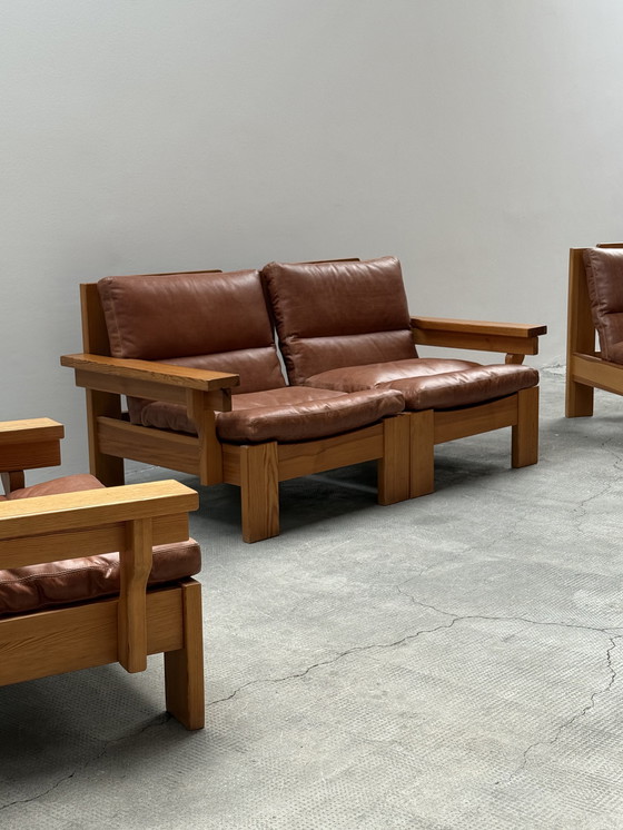 Image 1 of MODULAIRE STOEL SOFA SER PIEF HOUT MASSIEF COGNAC LEATHER IN KARIN MOBRING STIJL, SCANDINAVIA 1970