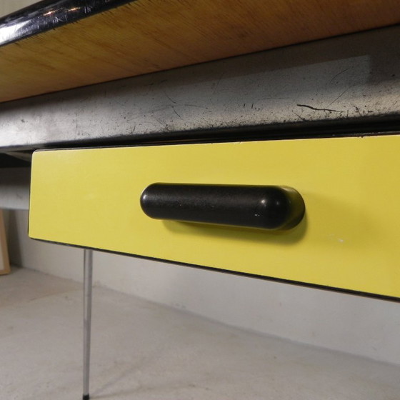 Vintage Formica table, desk with 2 drawers 1950s, Metal, Wood, Yellow (photo 15 of 15)