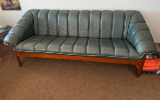Divano vintage Hjellegjerde Møbler – pelle verde e teak – Norvegia anni '60/'70 – 3 5 zitsbanken, Wood, Leather