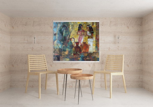 Original Oil Painting Abstract Figurative Girl Gifts to Pharaoh – schilderijen tekeningen, Canvas (photo 2 of 13)