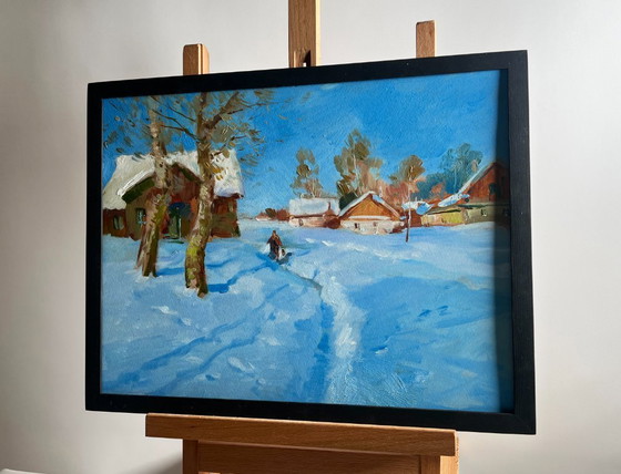 Image 1 of Original Oil Painting Winter Village Landscape Quiet village in winter