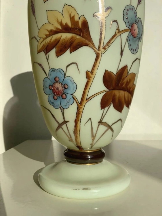 Image 1 of Antique Bohemian Art Nouveau Uranium Satin Glass Vase - Harrach - c. 1900