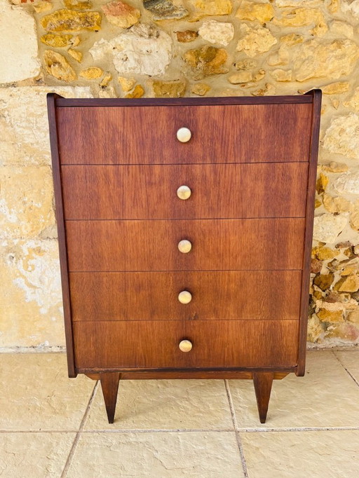 Cómoda de roble de mediados de siglo con cinco cajones, década de 1950