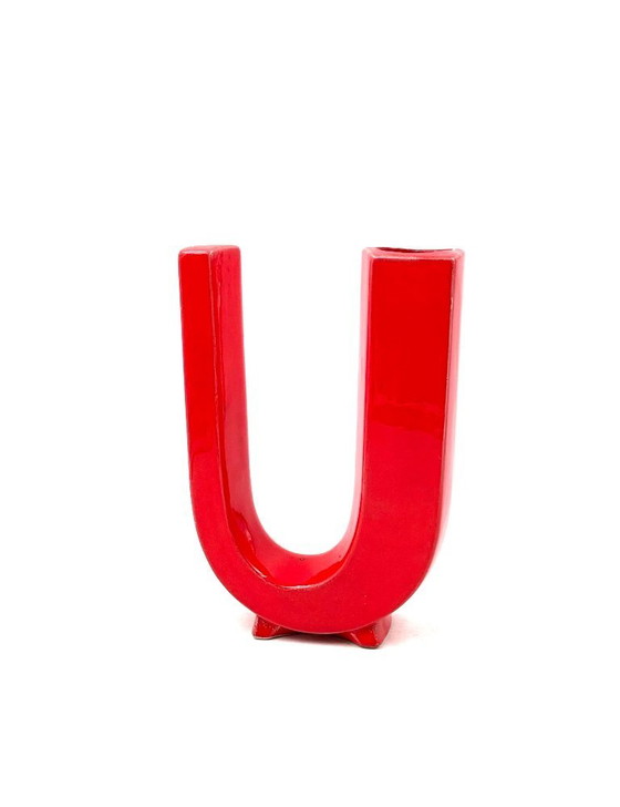 Image 1 of Jarrón solifleur de cerámica en forma de letra U roja de la era espacial, Marcel Radureau ca. 1970
