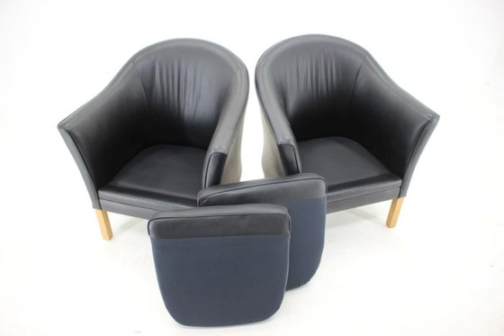 Image 1 of Coppia di poltrone "Queen Chairs" Mogens Hansen MH80 degli anni '70 in pelle nera e rovere.