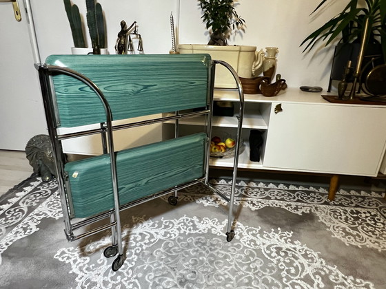 Image 1 of Carrello di servizio vintage, carrello bar, cromato, anni '70, carrello pieghevole con ruote, carrello da pranzo