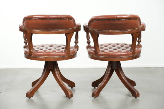 Image 1 of 2 x Swivel English Style Cowhide Leather Chesterfield Office Chairs in a Beautiful Brown Color