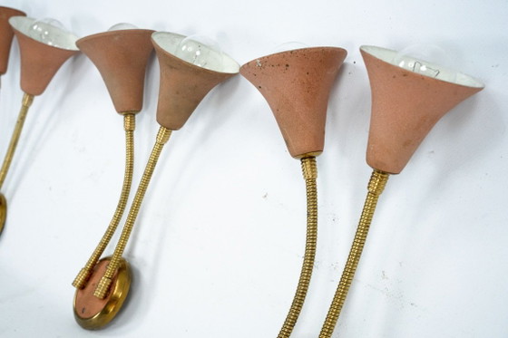 Mid-Century, Set of three sconces in Arredoluce manner. Italy 1950s, Wall lights, Brass, Orange (photo 7 of 11)
