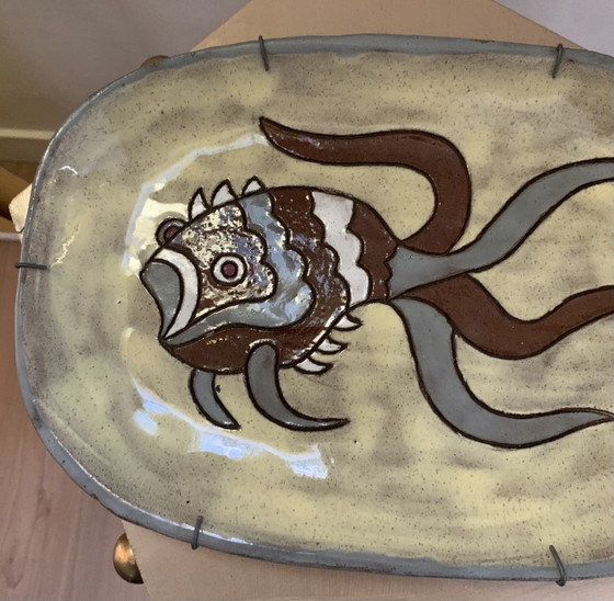 Large stoneware wall plate – champlevé fish decor – 50s-60s (Vallauris / Derval / Agard style) erased (photo 7 of 15)