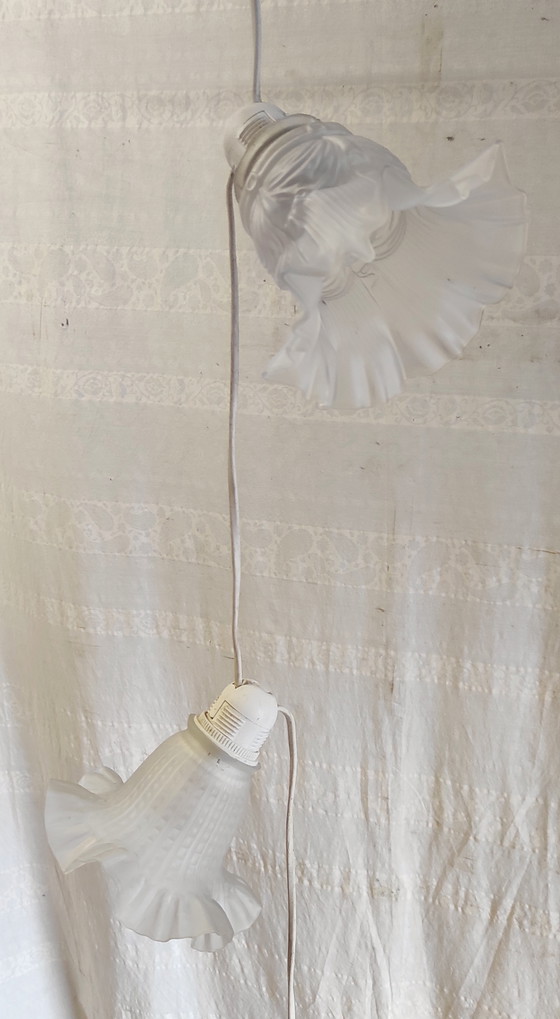Image 1 of Tre lampade a sospensione a forma di tulipano in pasta di vetro - metà del XX secolo