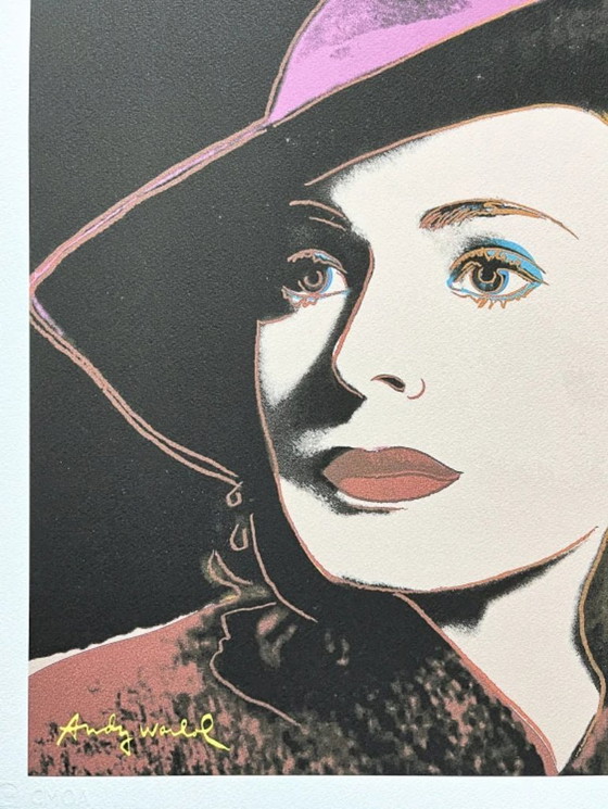 Image 1 of Lithographie CMOA d'Andy Warhol en édition limitée | Portrait pop art d'Ingrid Bergman avec chapeau