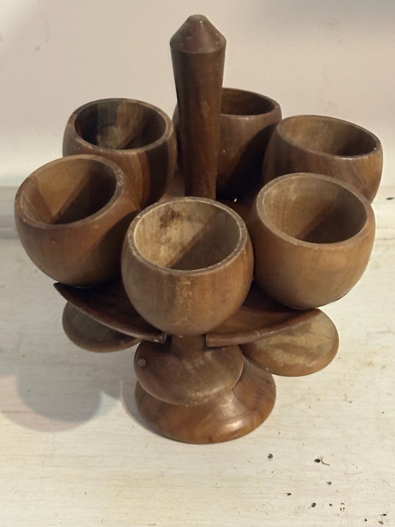 Vintage gedraaide houten eierdopjes set - standaard plus 6 stuks, Tafelaccessoires, Bruin (foto 2 van 15)