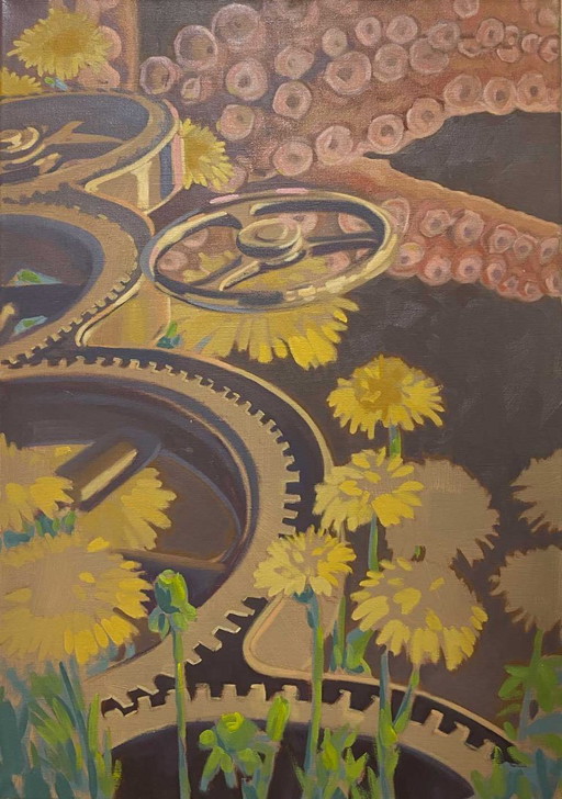 Zahnräder und Oktopus, Öl auf Leinwand, 100 x 70 cm, Sandra Kolondam
