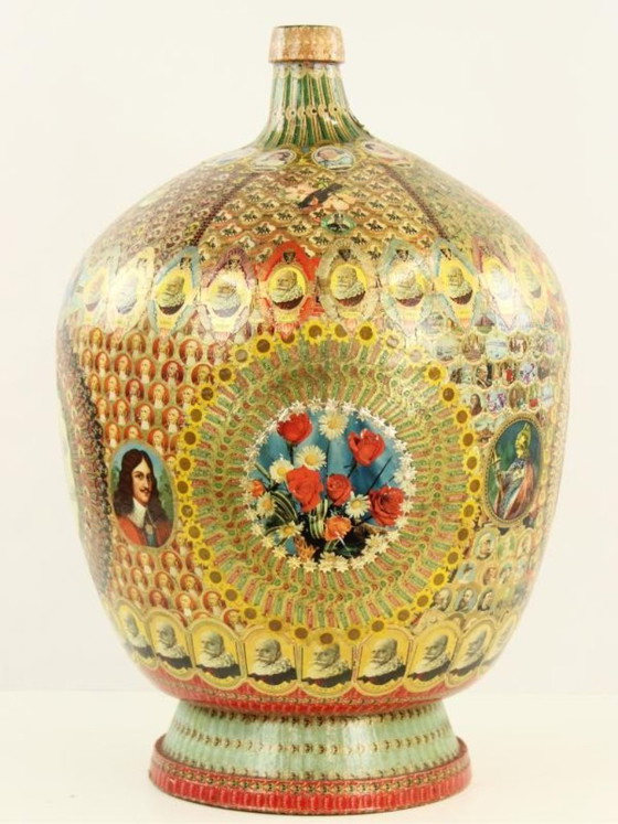 Decorative bottle with cigar band collage, Vases, Paper, Multi Color, Vintage (photo 5 of 10)