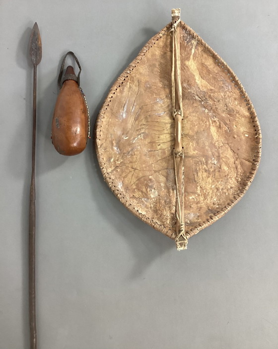 Image 1 of Vintage Masai Kenya Africa shield drinking bottles and spear