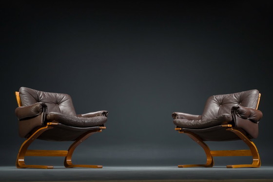 Image 1 of Set 2 bruin leren fauteuils van Elsa & Nordahl Solheim voor Rybo Rykken & Co, 1970
