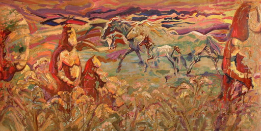 Origineel olieverfschilderij: Landschapssymboliek, Paarden in de steppe – schilderijen tekeningen, Canvas