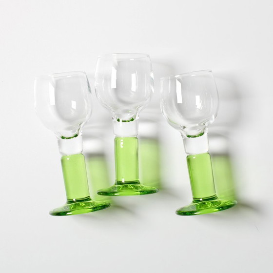 Image 1 of Set of 3 Vintage Limoncino Liquor Glasses / Green Stem Shot Stemware / Bormioli Rocco / Italy / 1970s