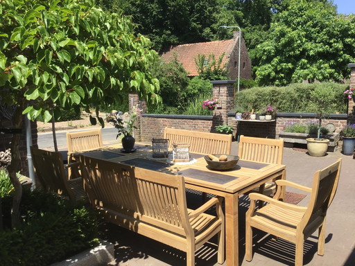 Beautiful large teak garden set Allure teak table with 4 chairs +2 benches
