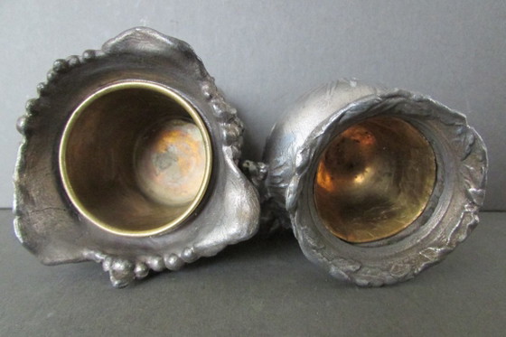 Antique Tin Art Nouveau Vases (Jugendstil), Metal, Brass, Gold (photo 4 of 6)