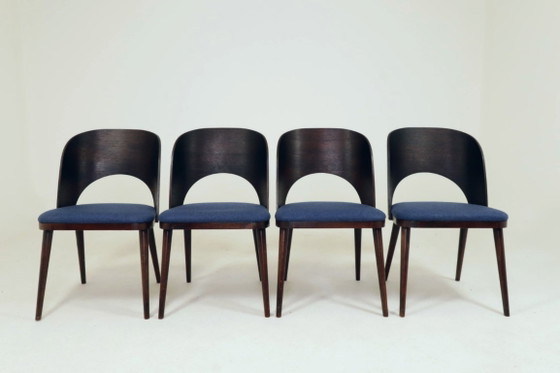 Image 1 of Vintage dining chairs set of 6 oak wood & blue wool