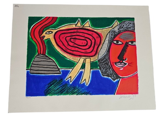 Image 1 of Corneille - Litografia - Femme et oiseau rouge - incorniciata - 1998