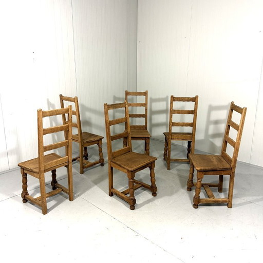 6 sillas de comedor rústicas antiguas de roble con respaldo alto, década de 1900