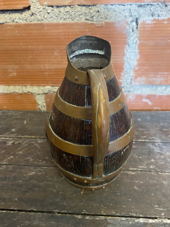 Image 1 of Pichet Ancien Tonneau Bois + Cerclage Cuivre Vintage #D379