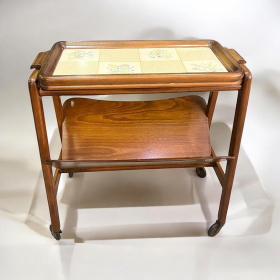 Image 1 of Original 60s serving trolley with newspaper rack and removable Grünstadt fine ceramics tray, Mid - Century classic