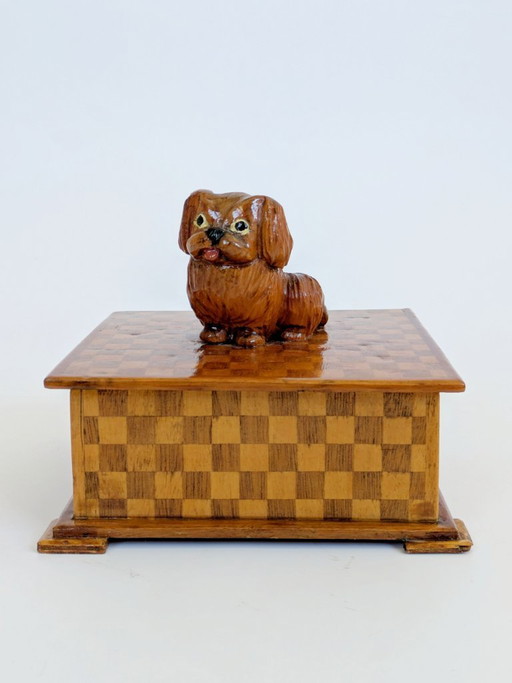 Midcentury Handmade Wooden Trinket Box, Dog Figurine Lid Checkered Pattern, Quirky Decor