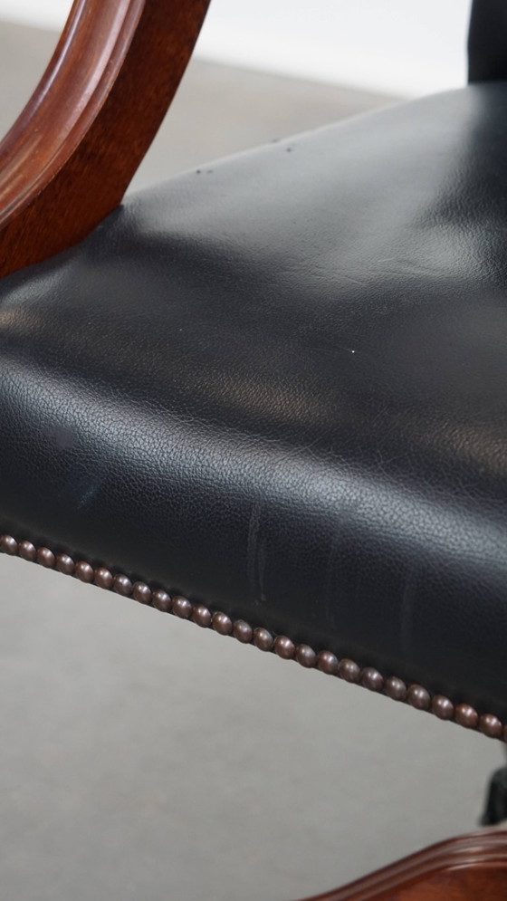 Image 1 of Dark blue/ black cowhide leather chesterfield office chair on wheels