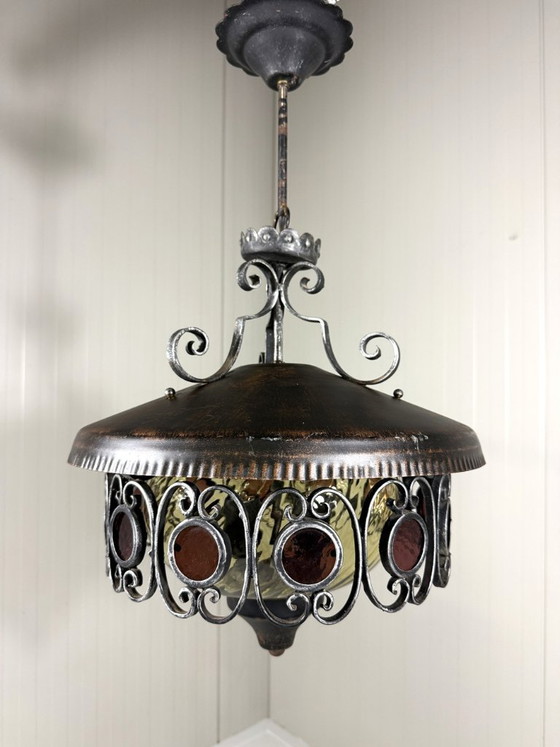 Brutalist iron and glass Pendant lamp 1960s, Metal, Brown, Vintage (photo 3 of 11)