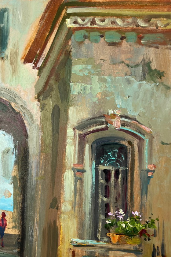 Image 1 of Peinture à l'huile originale représentant des maisons d'été, un paysage et un bateau au milieu des rues de la ville