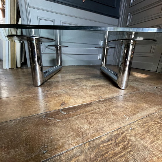 Grande table basse/de salon carrée italienne en acier tubulaire chromé, années 1970 – Livres d'art, Glass (photo 11 of 18)