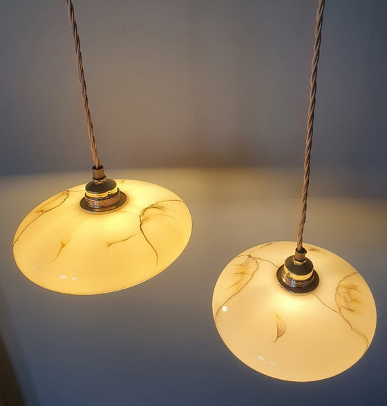 Image 1 of Set di lampade a sospensione vintage in opalino marmorizzato (chiamato anche effetto tartaruga)