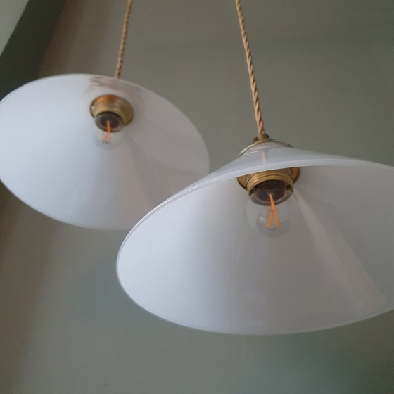 Set Vintage Pendant lamps - Milk glass, banker's lamps. – Metal (photo 14 of 21)