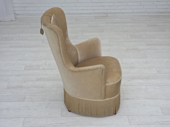 Image 1 of 1960er Jahre Dänischer Sessel in grün/braunem Möbelvelours, Originalzustand