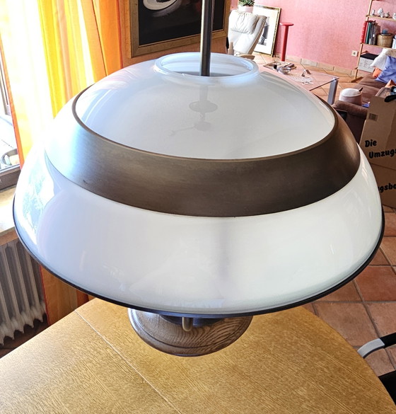 Lampe suspendue vintage / lampe à tirer style lampe à pétrole - laiton et verre opalin – Plafonniers, Glass (photo 5 of 5)