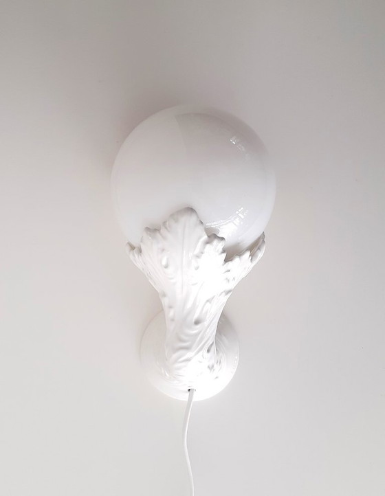 Image 1 of Lampada da parete scultorea in porcellana, foglie in ceramica con lampadina in vetro