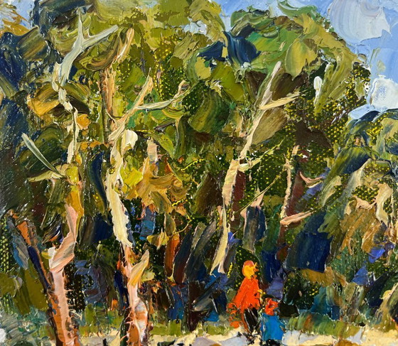 Image 1 of Original Oil Painting Summer Coastal Landscape Family vacation on the lake