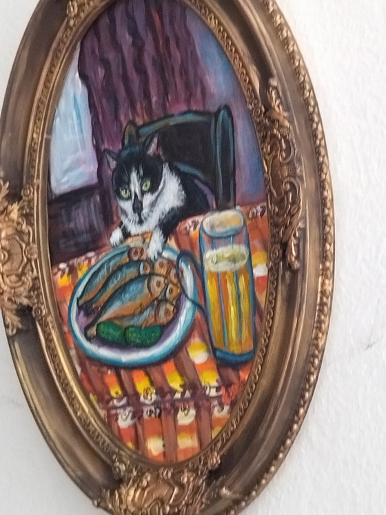 Image 1 of Original painting of the cat Pipette – Handcrafted cold-fired ceramic frame (33x22 cm)