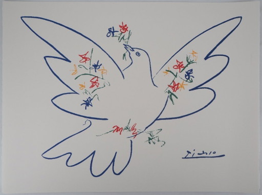 Pablo Picasso: Taube mit blühenden Zweigen, signierte Lithografie – lithos zeefdrukken, Paper